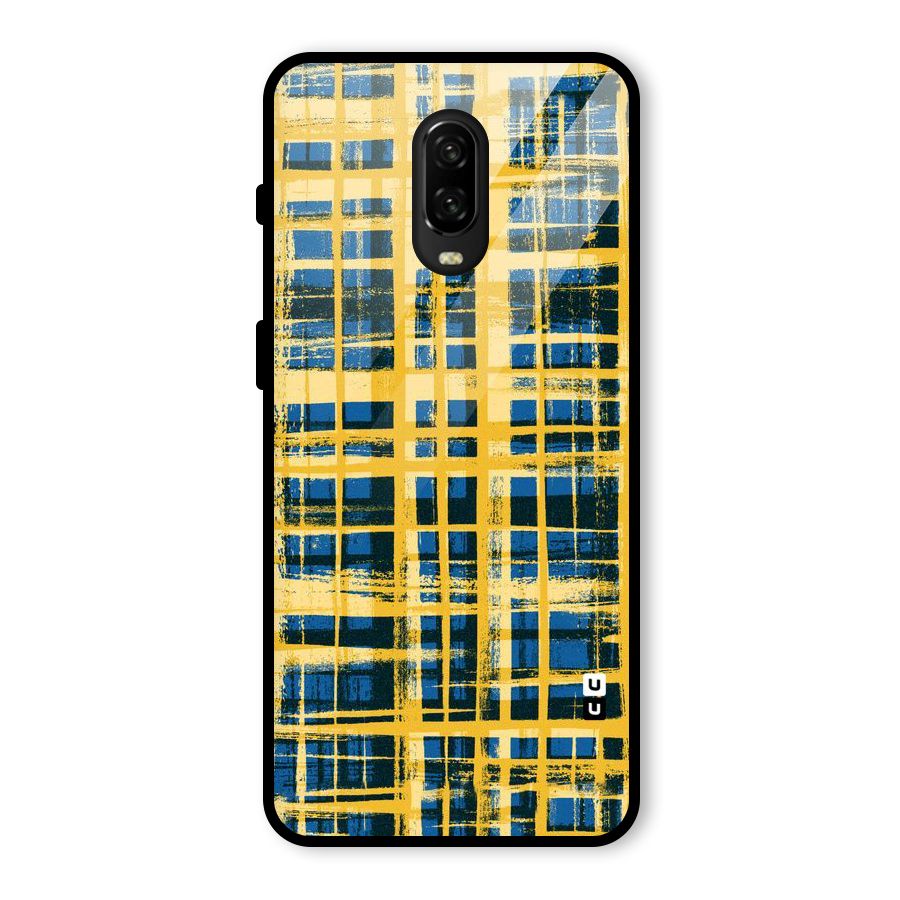 Yellow Rugged Check Design Glass Back Case for OnePlus 6T