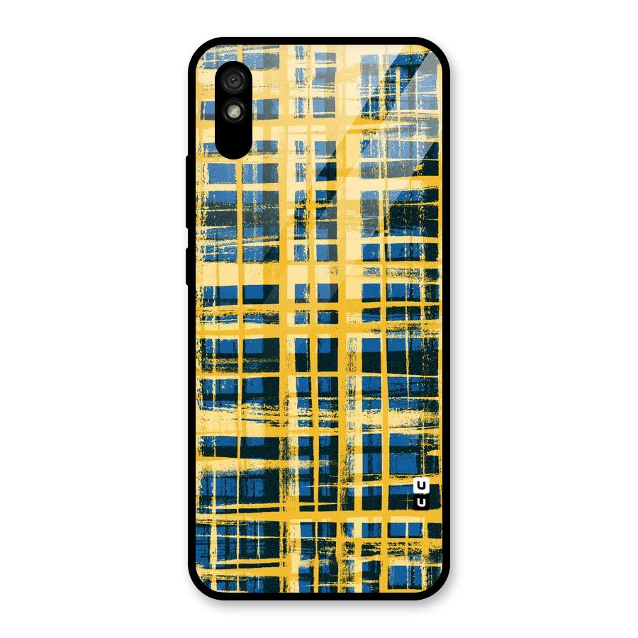 Yellow Rugged Check Design Glass Back Case for Redmi 9A