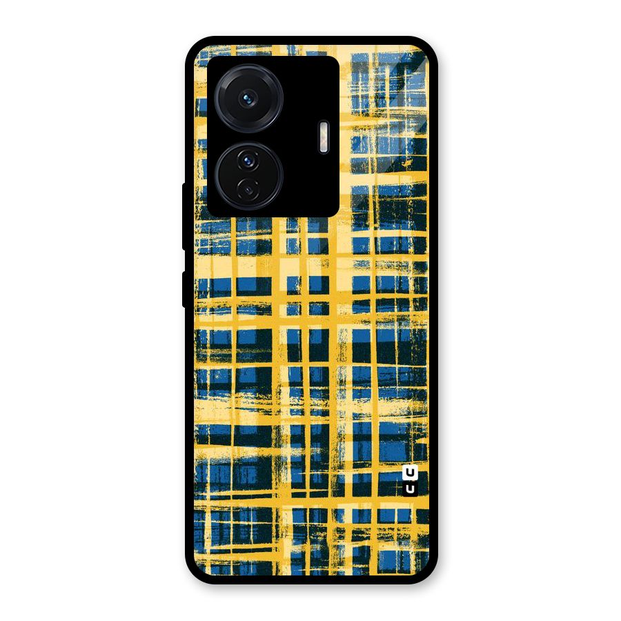 Yellow Rugged Check Design Glass Back Case for Vivo T1 Pro