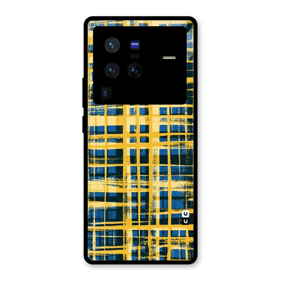 Yellow Rugged Check Design Glass Back Case for Vivo X80 Pro