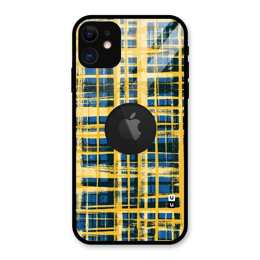 Yellow Rugged Check Design Glass Back Case for iPhone 11 Logo Cut