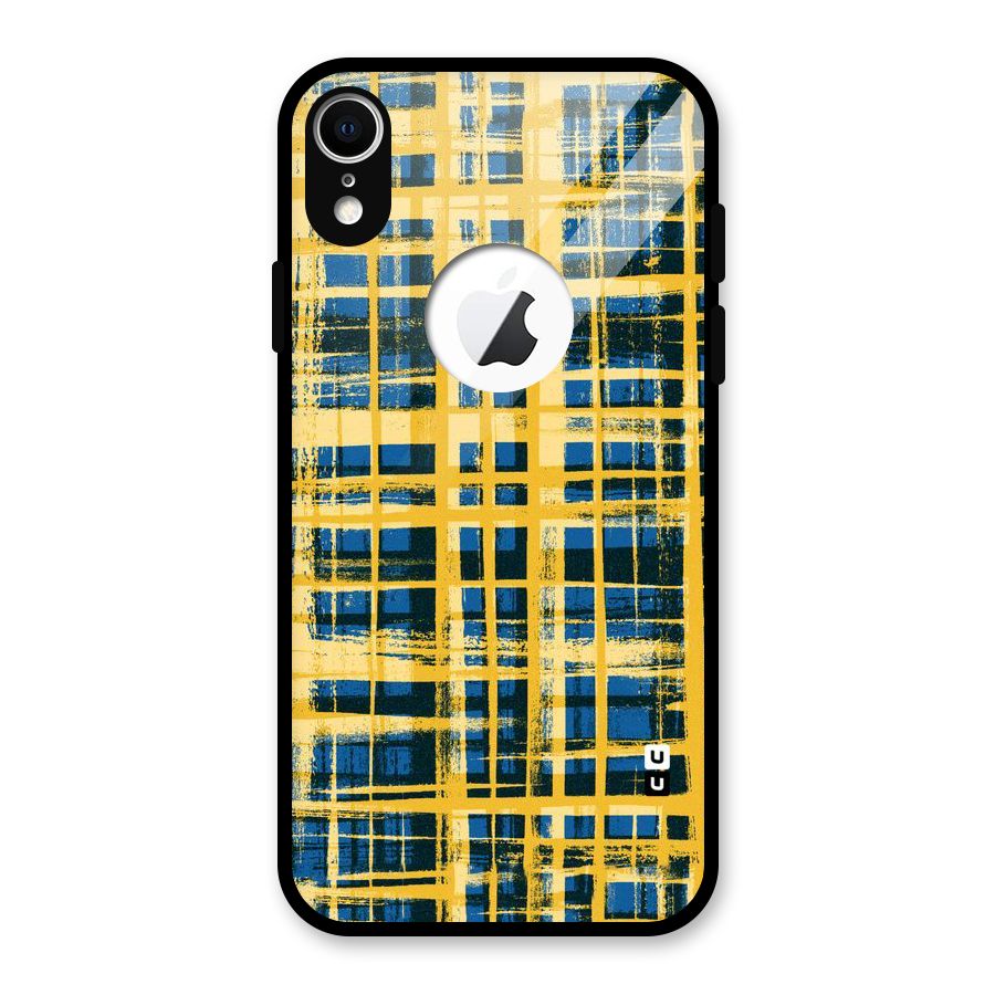 Yellow Rugged Check Design Glass Back Case for iPhone XR Logo Cut