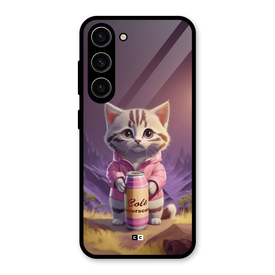 Cat Holding Can Glass Back Case for Galaxy S23