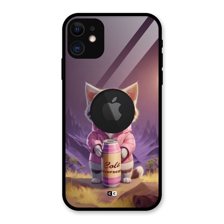 Cat Holding Can Glass Back Case for iPhone 11 Logo Cut