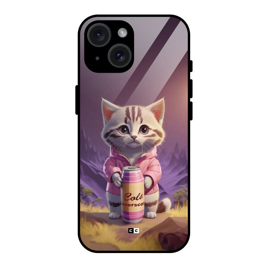 Cat Holding Can Glass Back Case for iPhone 15