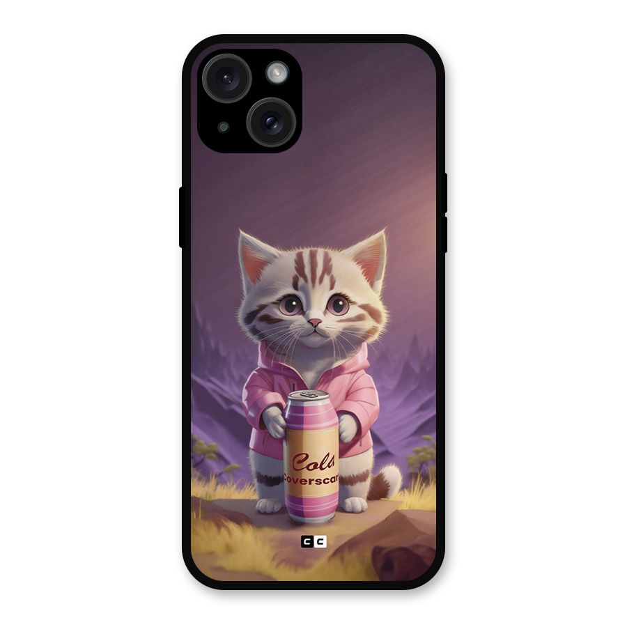 Cat Holding Can Metal Back Case for iPhone 15 Plus