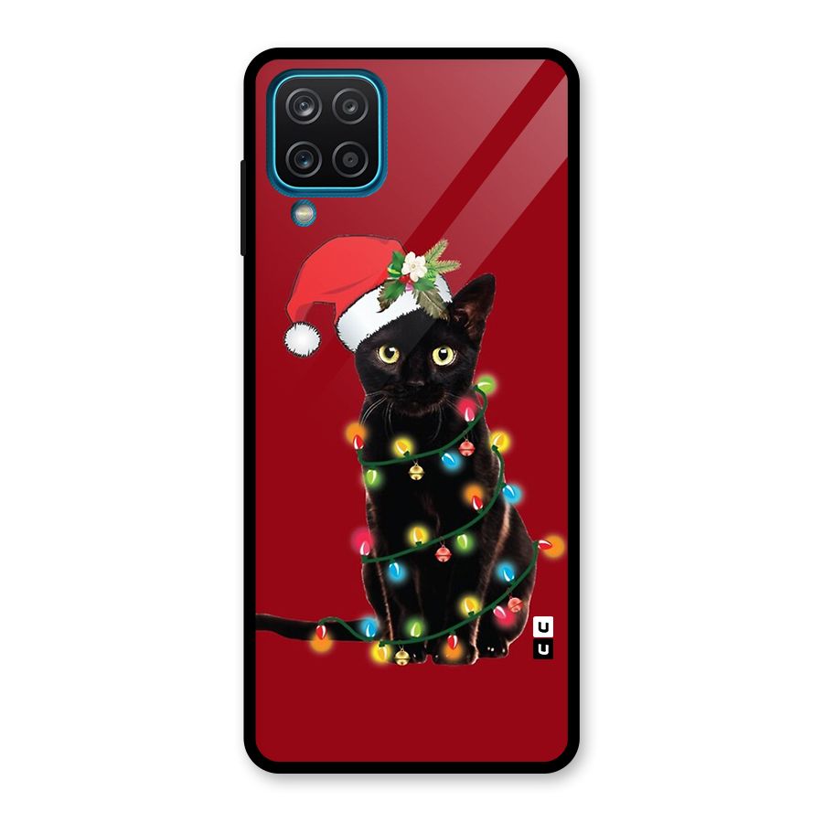 Christmas Cap Cat Glass Back Case for Galaxy A12