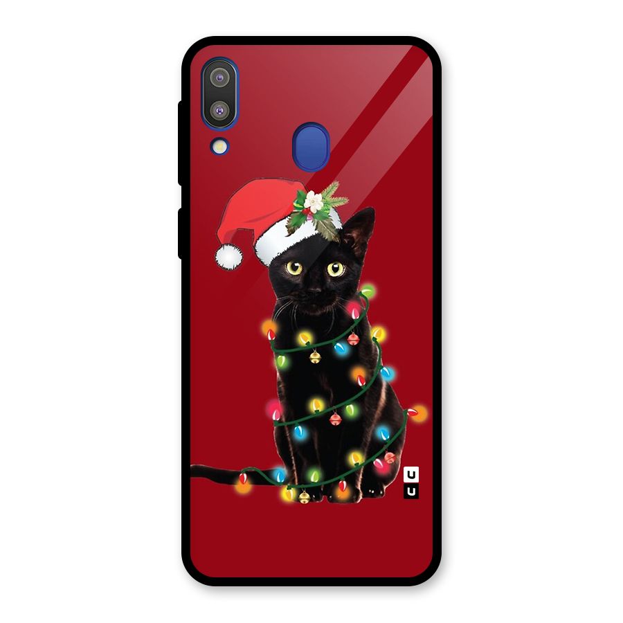 Christmas Cap Cat Glass Back Case for Galaxy M20