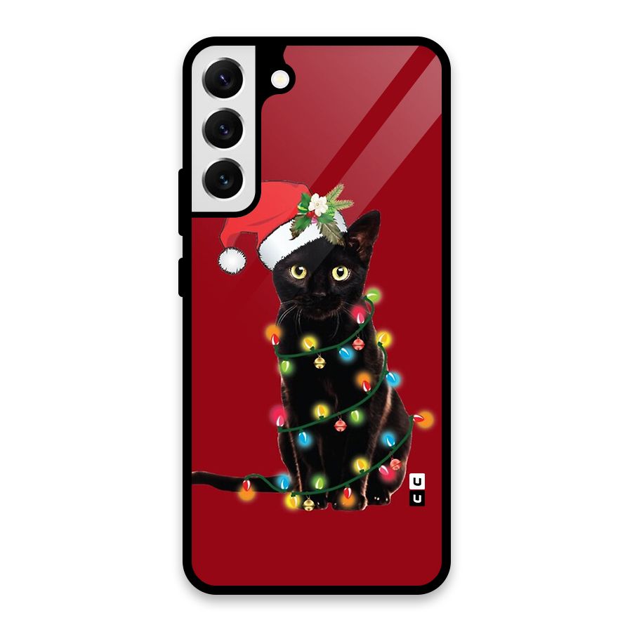 Christmas Cap Cat Glass Back Case for Galaxy S22 Plus 5G