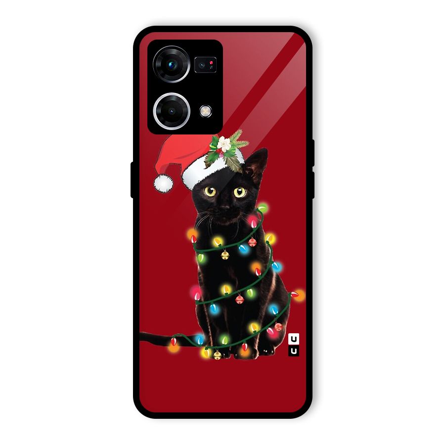 Christmas Cap Cat Glass Back Case for Oppo F21 Pro 4G