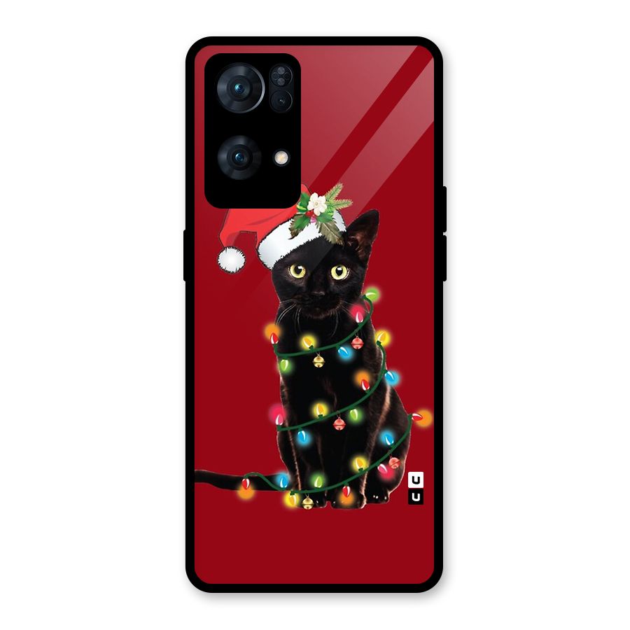 Christmas Cap Cat Glass Back Case for Oppo Reno7 Pro 5G