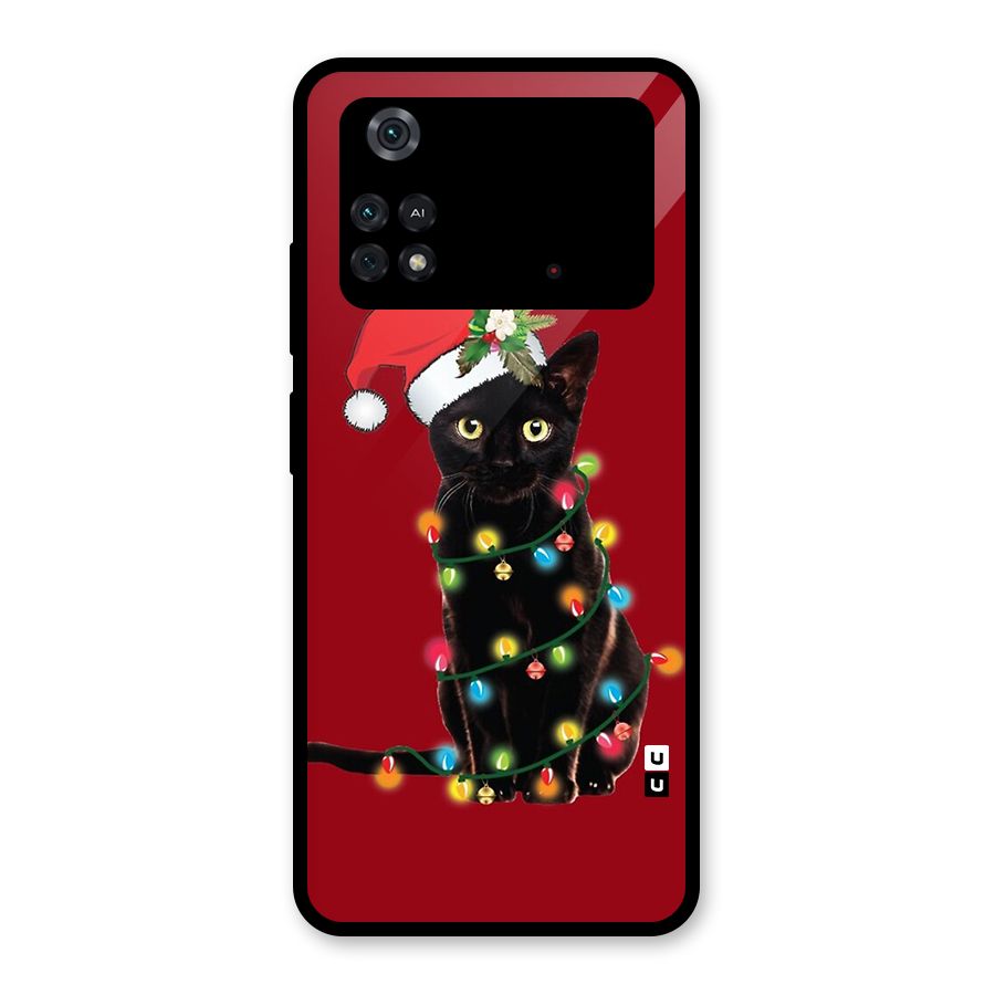 Christmas Cap Cat Glass Back Case for Poco M4 Pro 4G