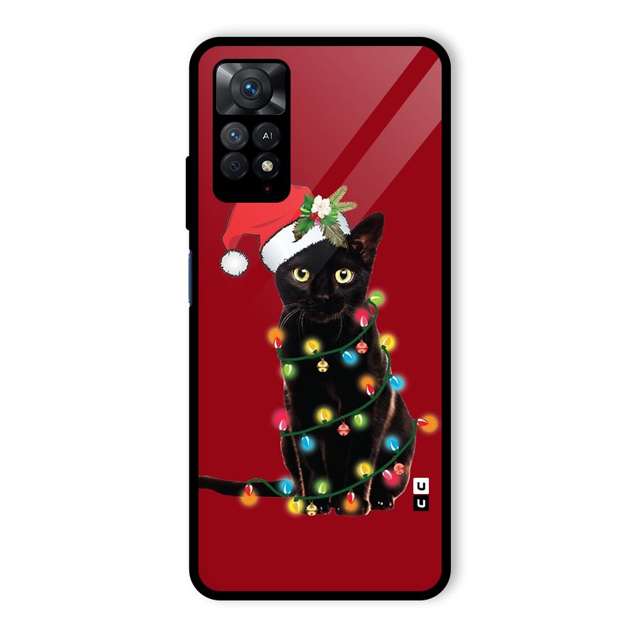 Christmas Cap Cat Glass Back Case for Redmi Note 11 Pro