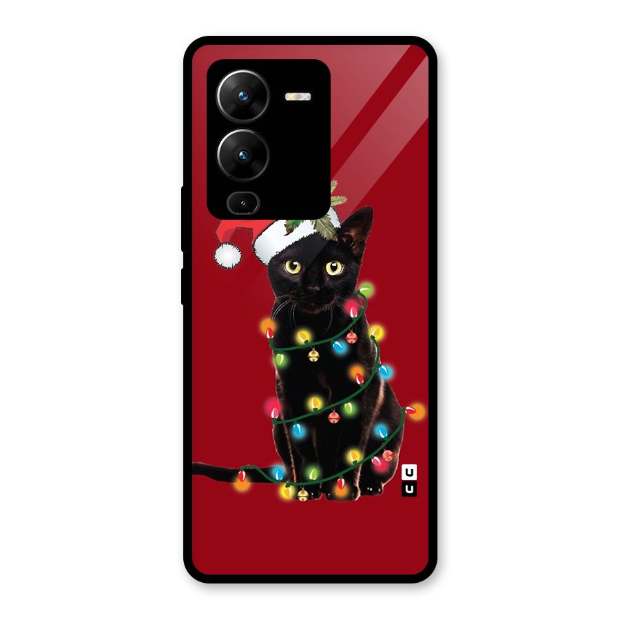 Christmas Cap Cat Glass Back Case for Vivo V25 Pro
