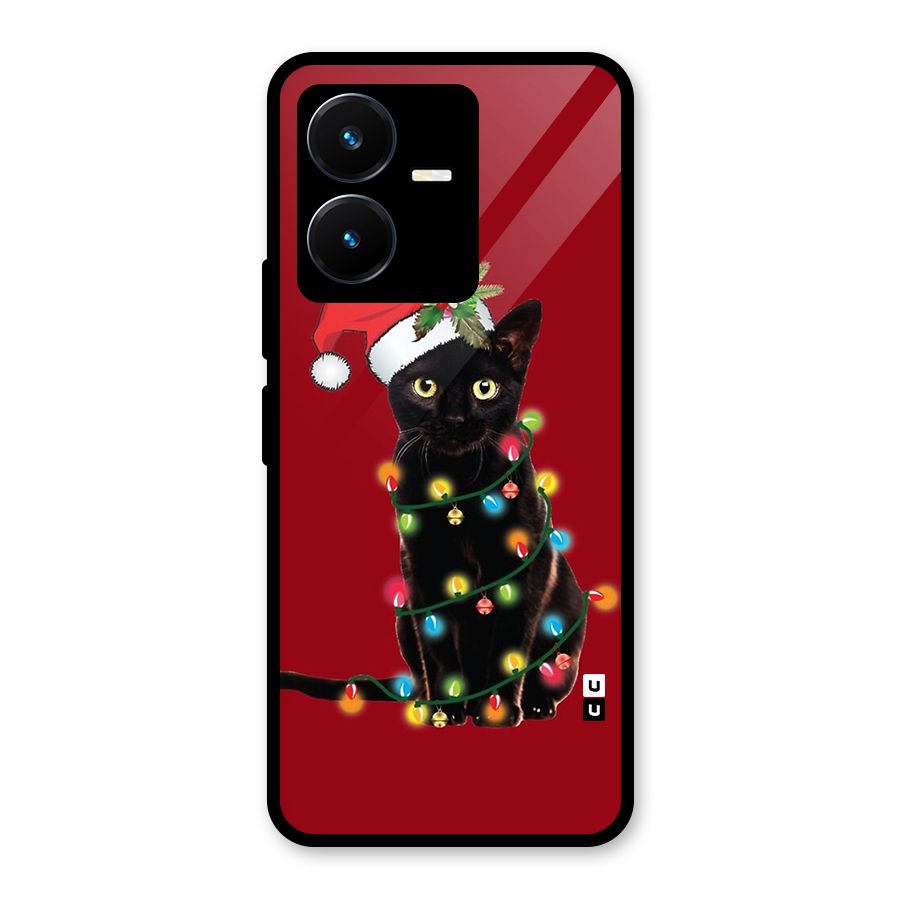 Christmas Cap Cat Glass Back Case for Vivo Y22