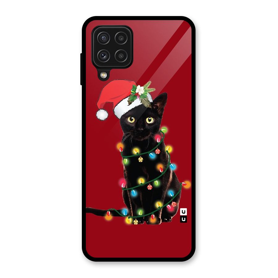 Christmas Cap Cute Cat Glass Back Case for Galaxy A22 4G