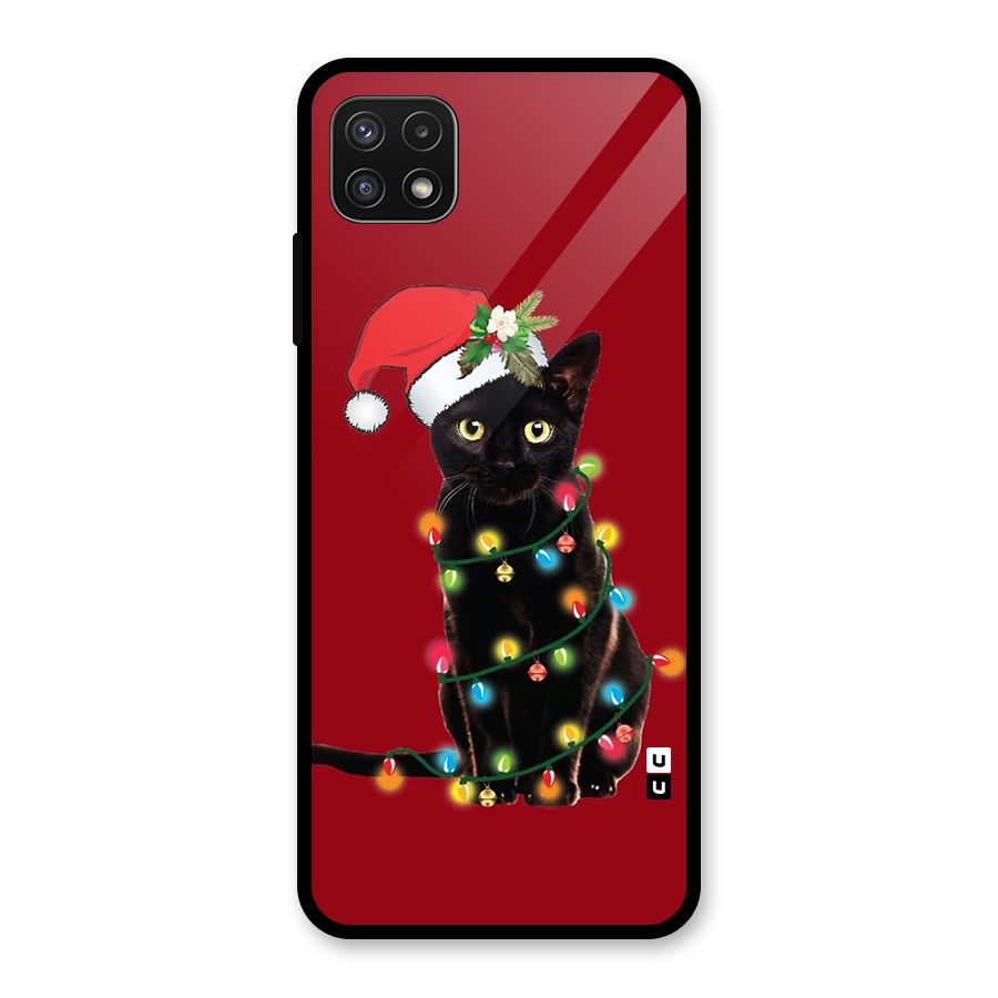 Christmas Cap Cute Cat Glass Back Case for Galaxy A22 5G