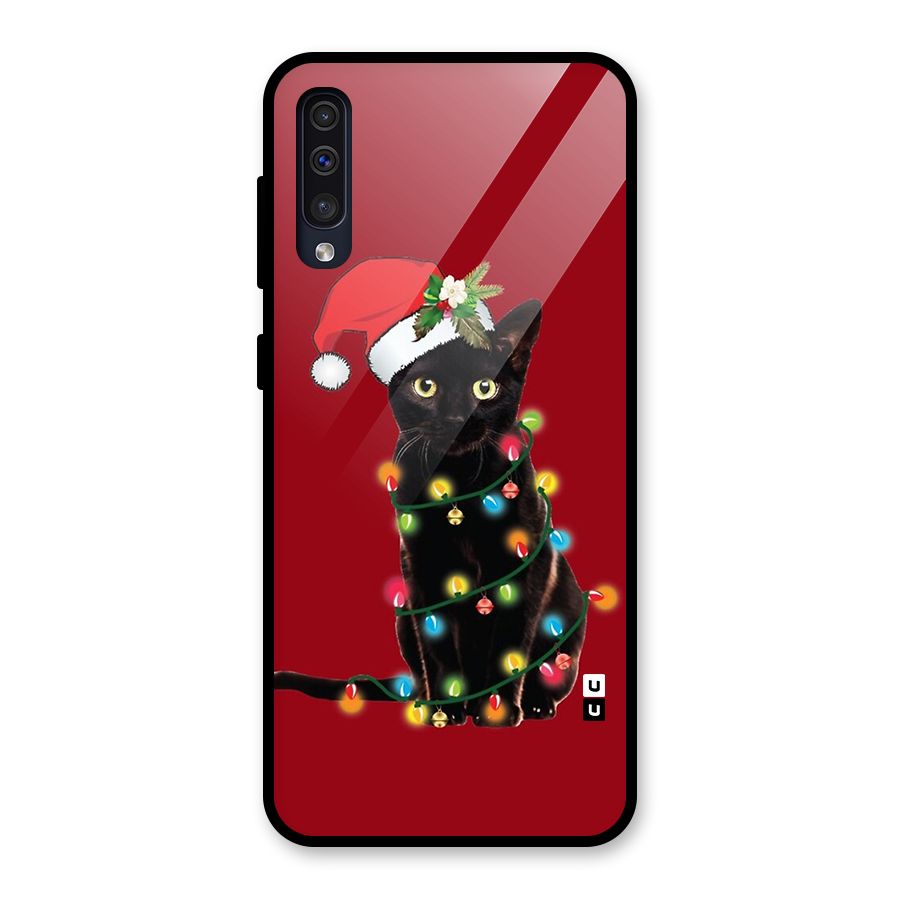 Christmas Cap Cute Cat Glass Back Case for Galaxy A50s