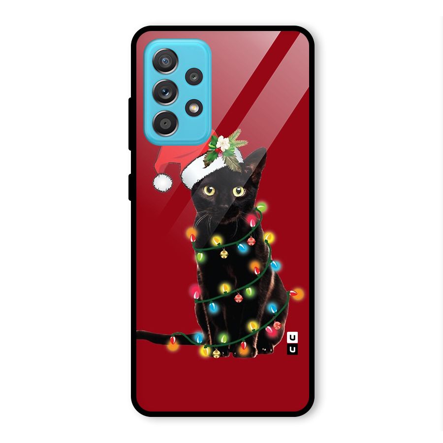 Christmas Cap Cute Cat Glass Back Case for Galaxy A52