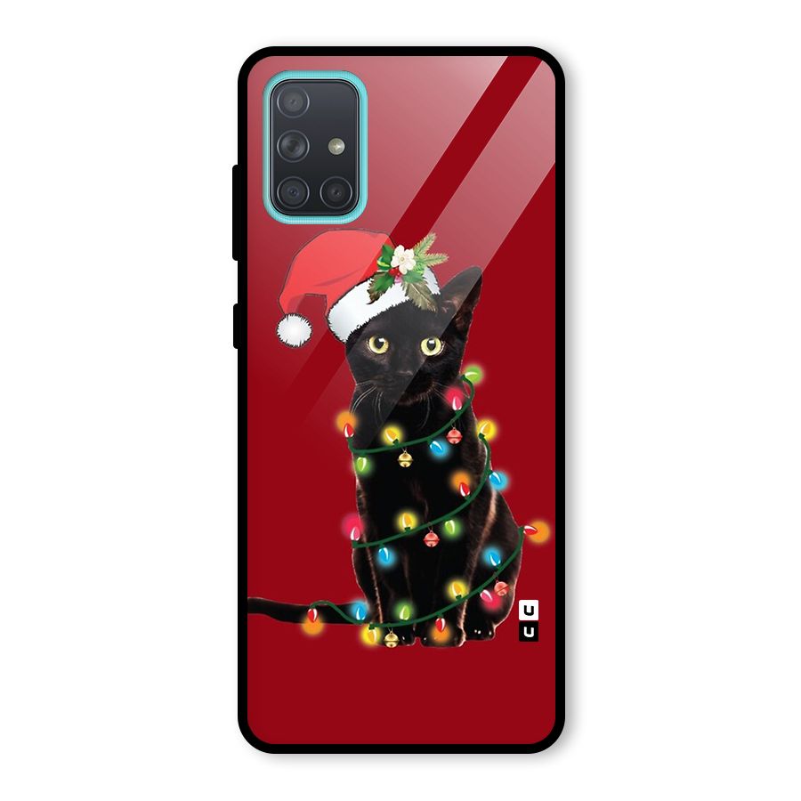Christmas Cap Cute Cat Glass Back Case for Galaxy A71