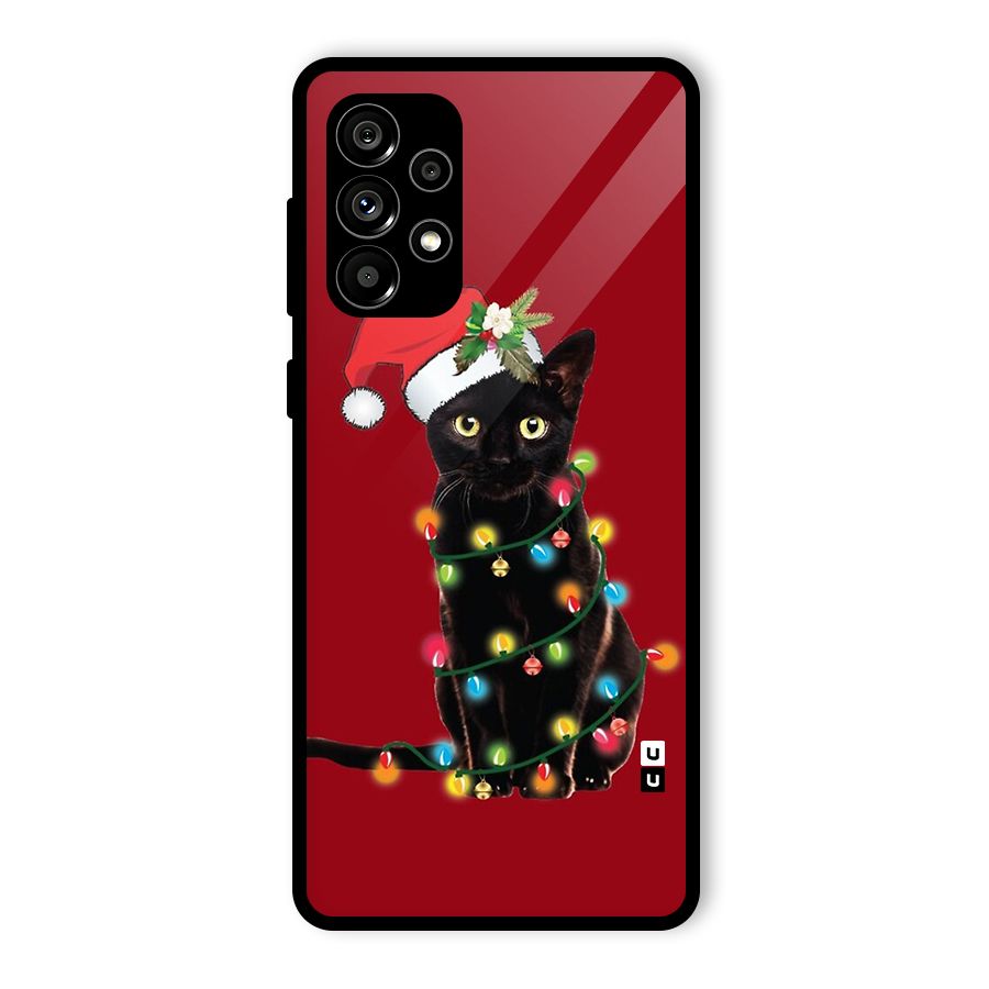 Christmas Cap Cute Cat Glass Back Case for Galaxy A73 5G