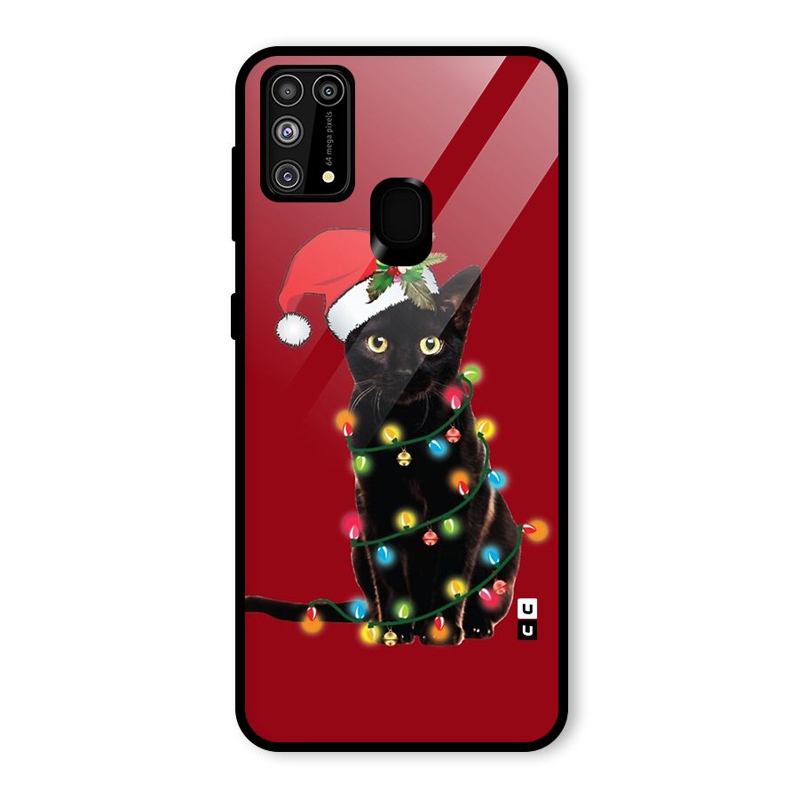 Christmas Cap Cute Cat Glass Back Case for Galaxy F41