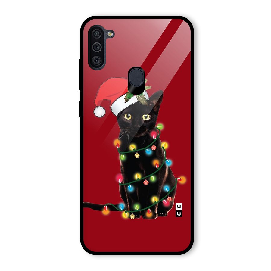 Christmas Cap Cute Cat Glass Back Case for Galaxy M11