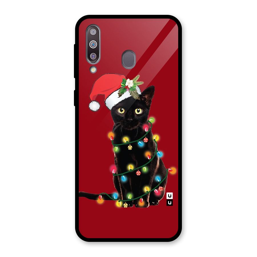 Christmas Cap Cute Cat Glass Back Case for Galaxy M30