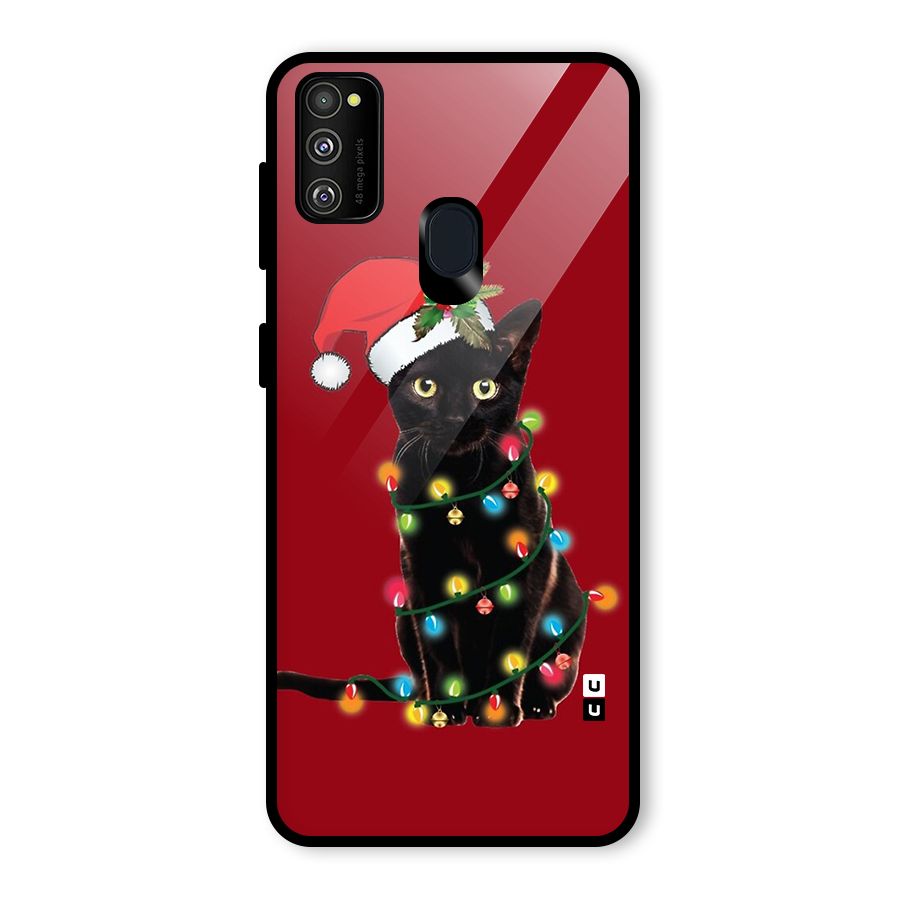 Christmas Cap Cute Cat Glass Back Case for Galaxy M30s