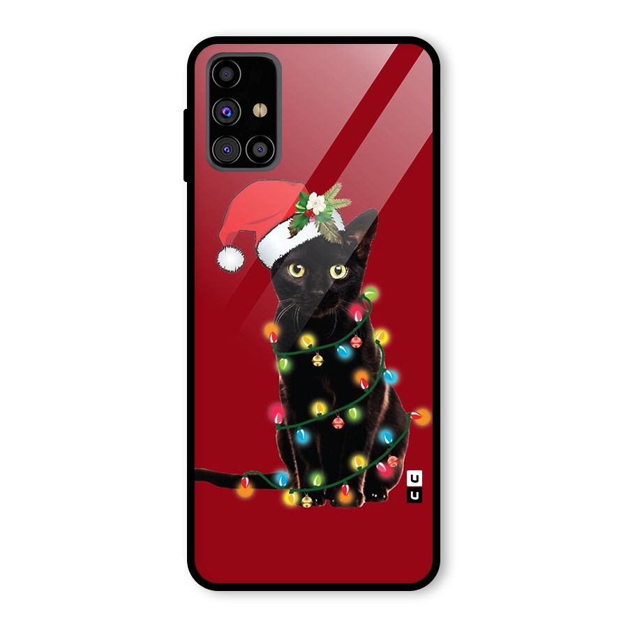 Christmas Cap Cute Cat Glass Back Case for Galaxy M31s
