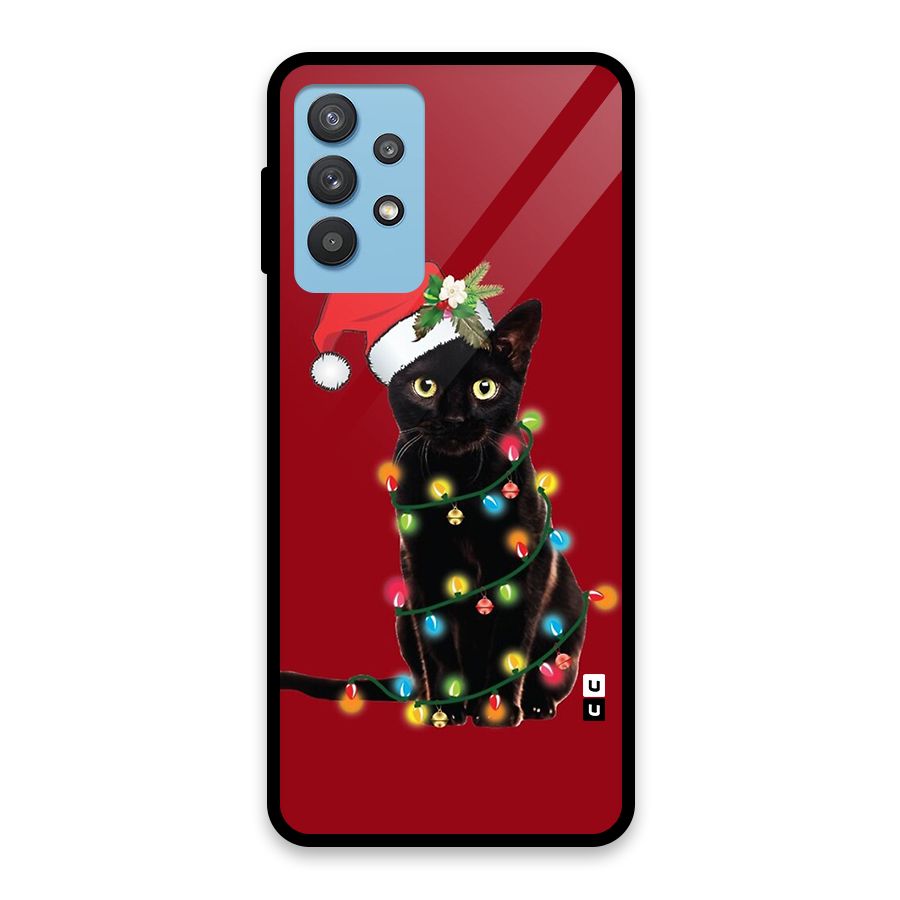 Christmas Cap Cute Cat Glass Back Case for Galaxy M32 5G