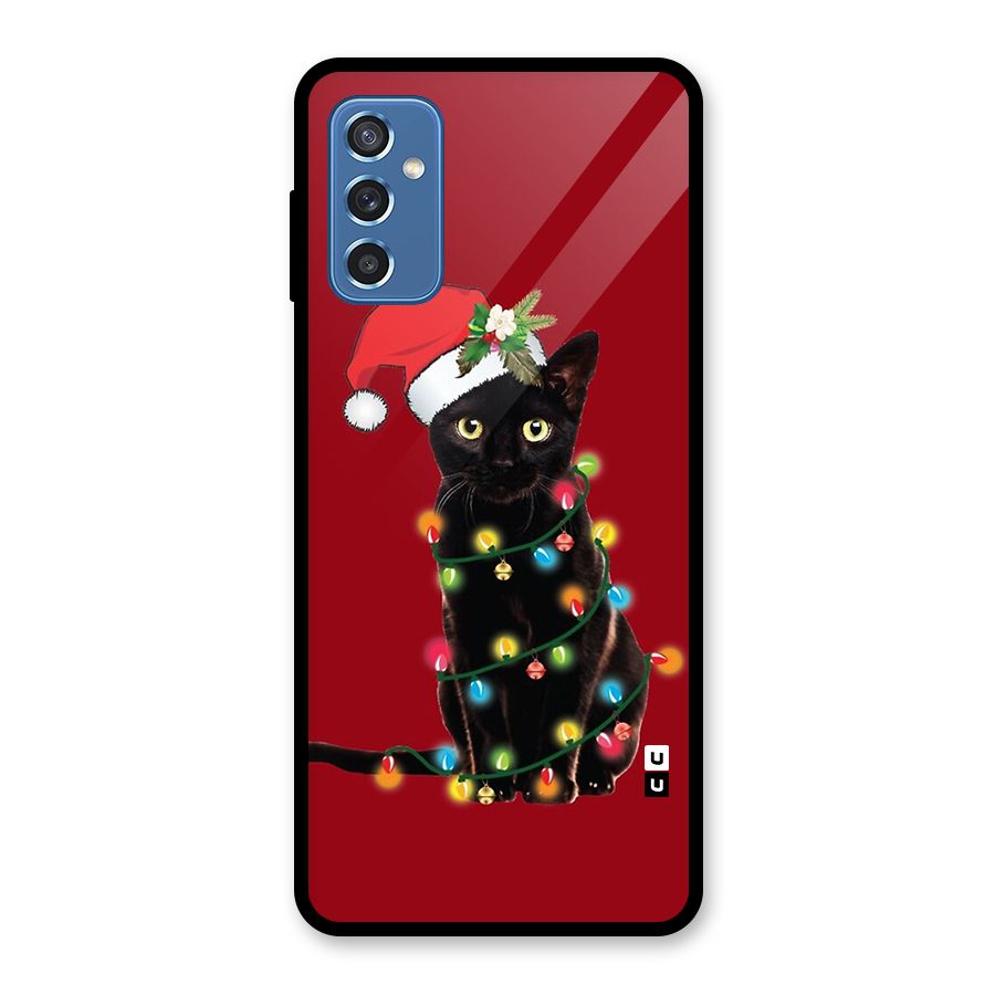 Christmas Cap Cute Cat Glass Back Case for Galaxy M52 5G