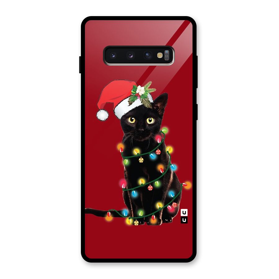 Christmas Cap Cute Cat Glass Back Case for Galaxy S10 Plus