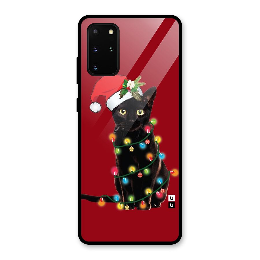 Christmas Cap Cute Cat Glass Back Case for Galaxy S20 Plus