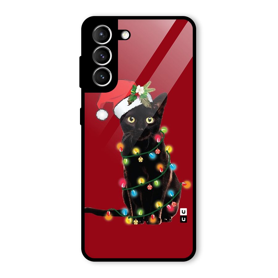 Christmas Cap Cute Cat Glass Back Case for Galaxy S21 5G