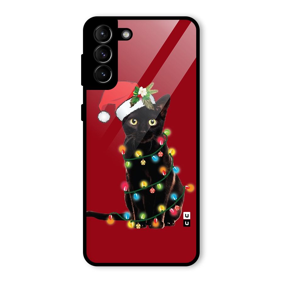 Christmas Cap Cute Cat Glass Back Case for Galaxy S21 Plus