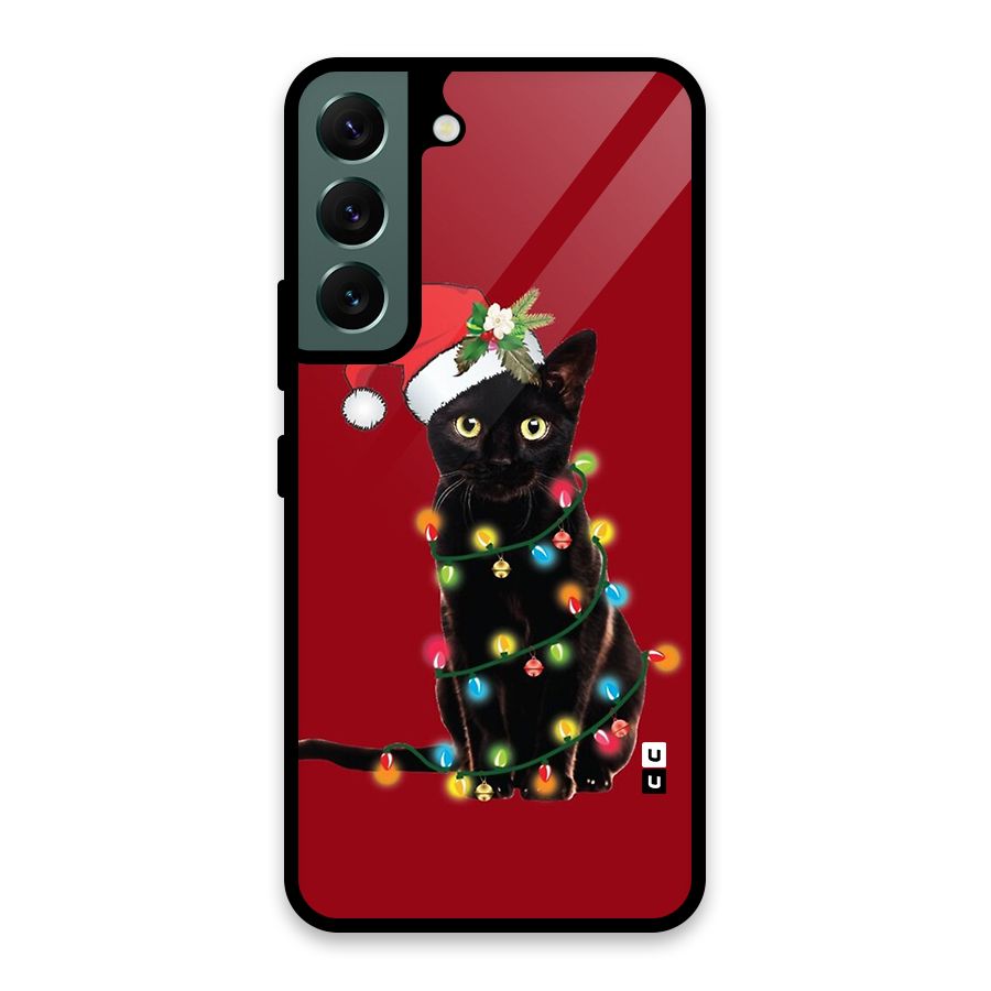 Christmas Cap Cute Cat Glass Back Case for Galaxy S22 5G