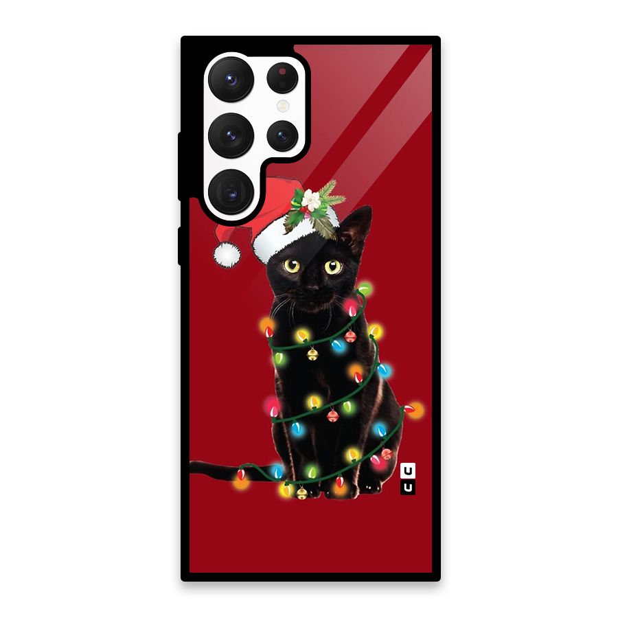 Christmas Cap Cute Cat Glass Back Case for Galaxy S22 Ultra 5G