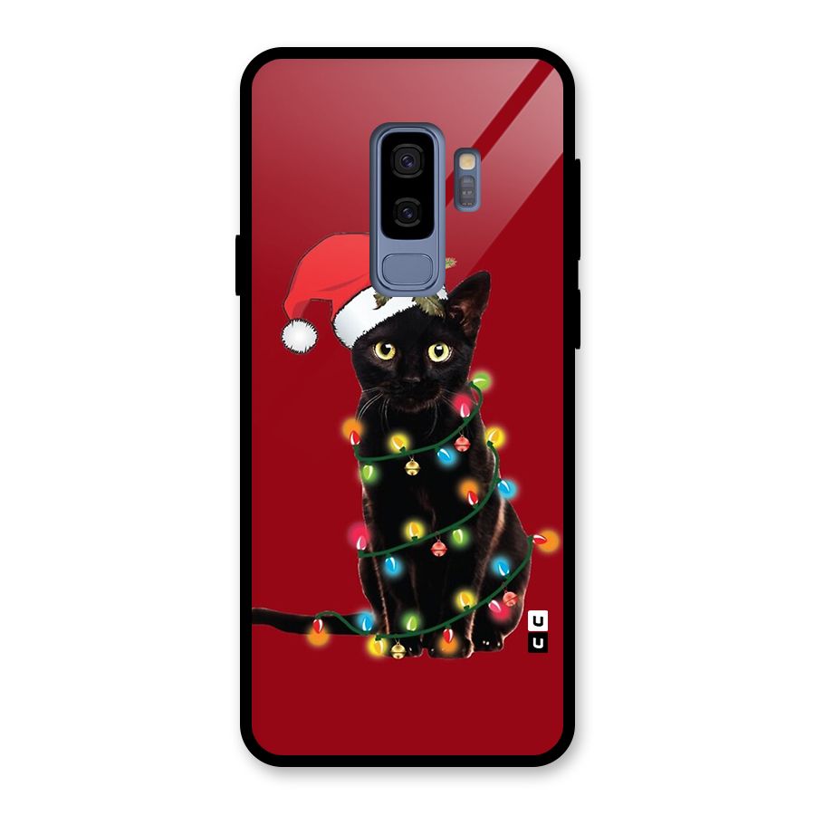Christmas Cap Cute Cat Glass Back Case for Galaxy S9 Plus