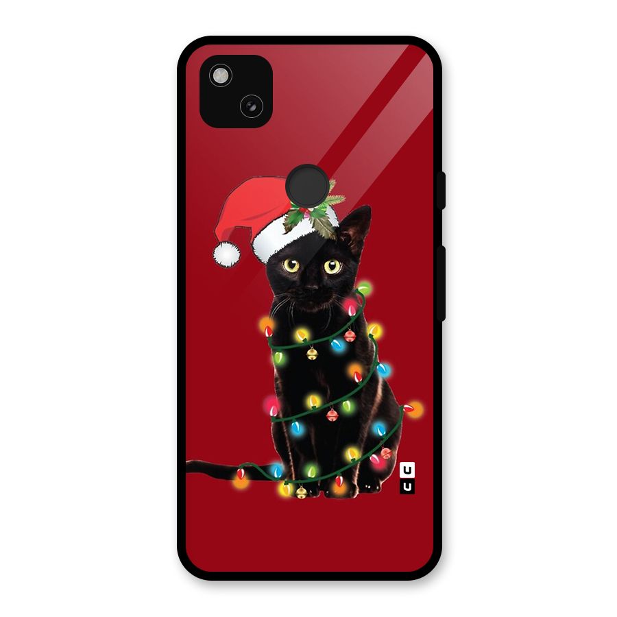 Christmas Cap Cute Cat Glass Back Case for Google Pixel 4a