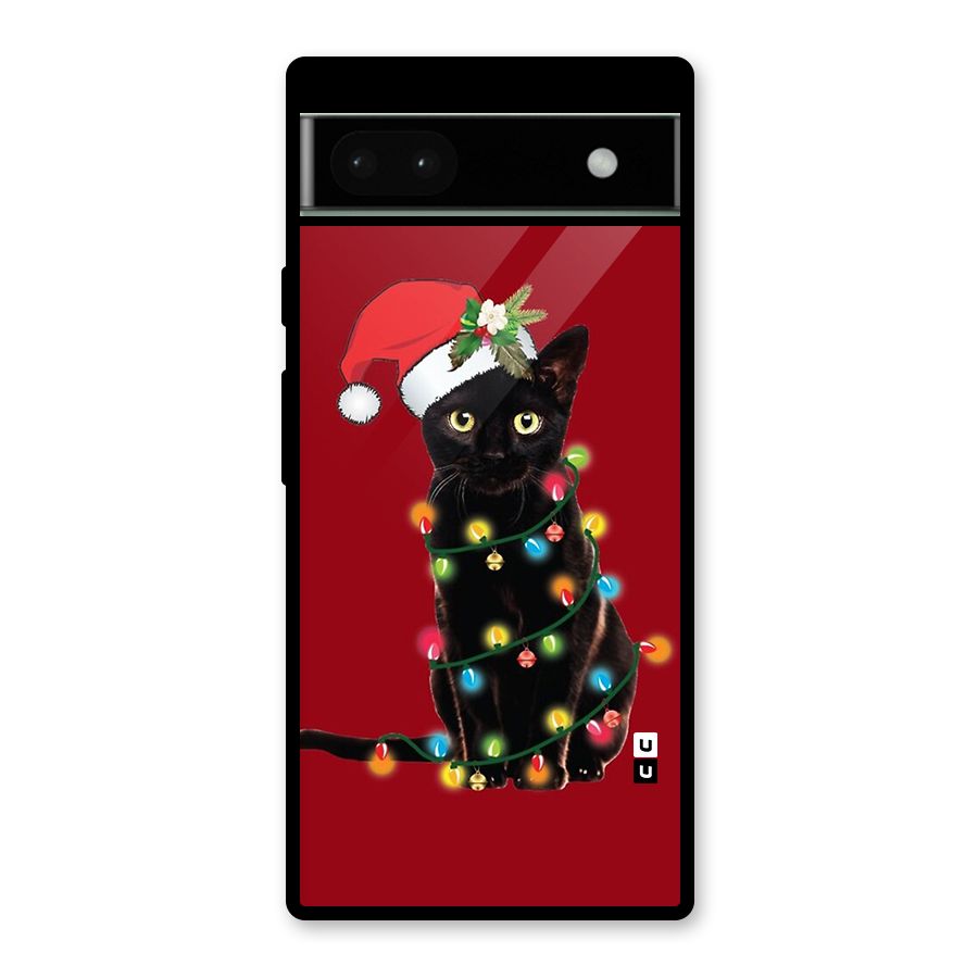 Christmas Cap Cute Cat Glass Back Case for Google Pixel 6a