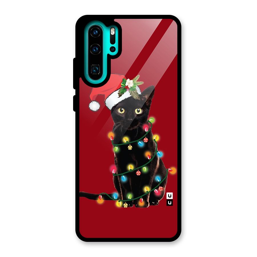 Christmas Cap Cute Cat Glass Back Case for Huawei P30 Pro