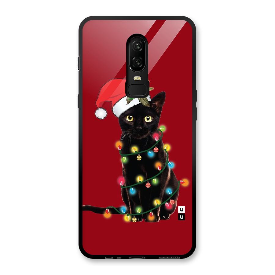 Christmas Cap Cute Cat Glass Back Case for OnePlus 6