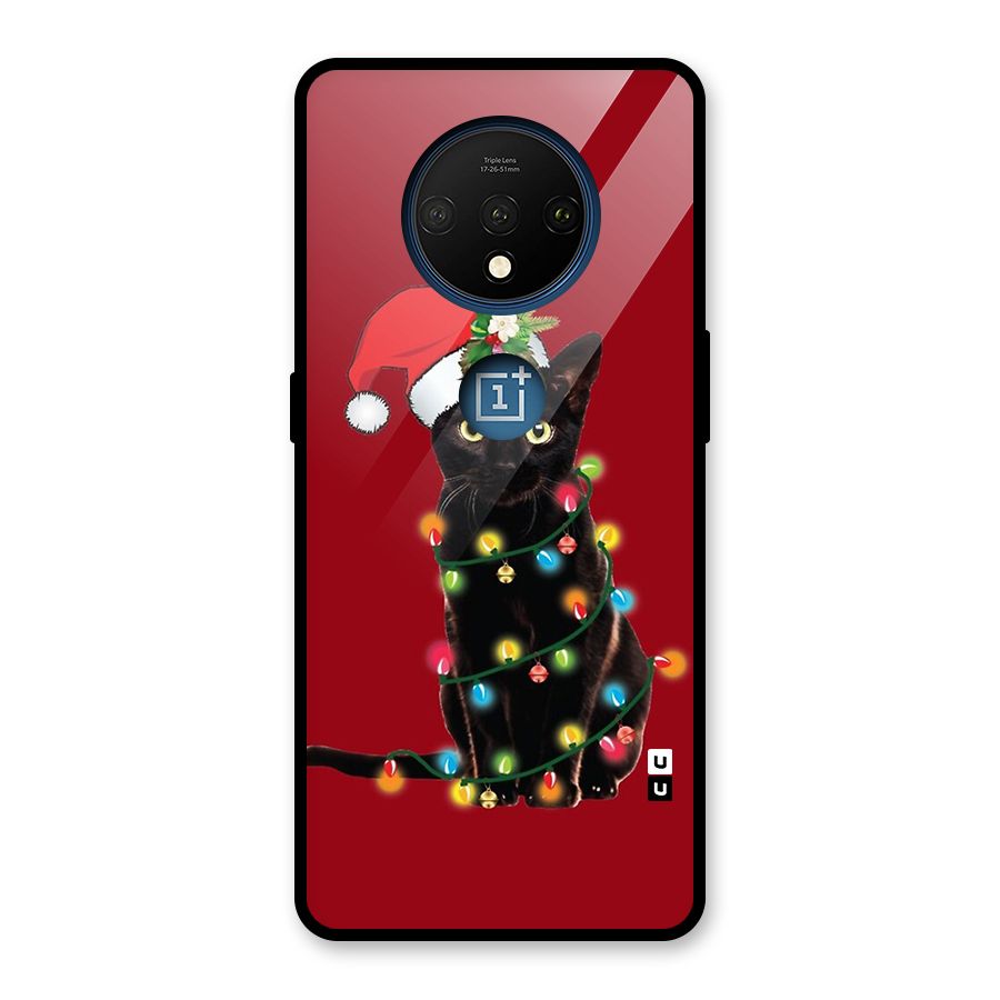 Christmas Cap Cute Cat Glass Back Case for OnePlus 7T