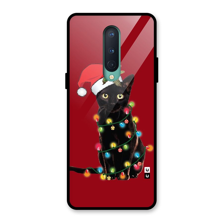 Christmas Cap Cute Cat Glass Back Case for OnePlus 8