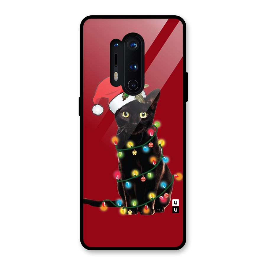 Christmas Cap Cute Cat Glass Back Case for OnePlus 8 Pro