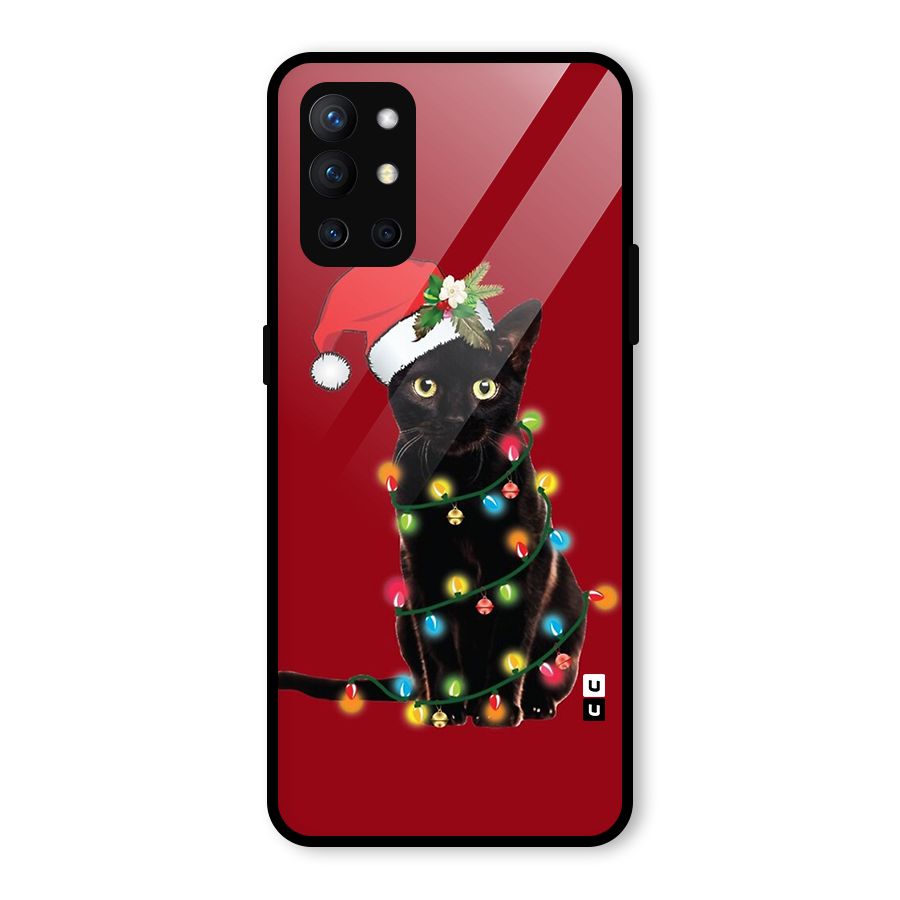 Christmas Cap Cute Cat Glass Back Case for OnePlus 9R