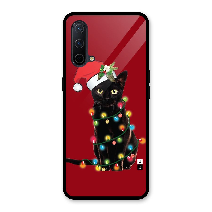 Christmas Cap Cute Cat Glass Back Case for OnePlus Nord CE 5G