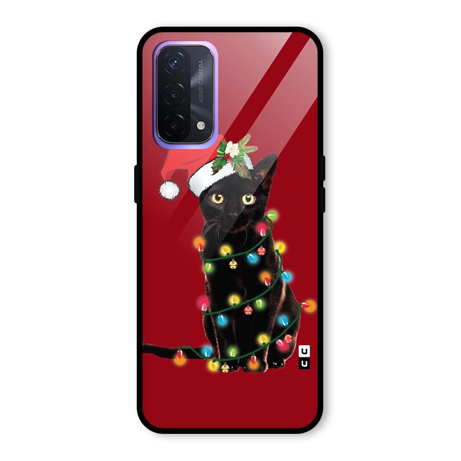 Christmas Cap Cute Cat Glass Back Case for Oppo A74 5G