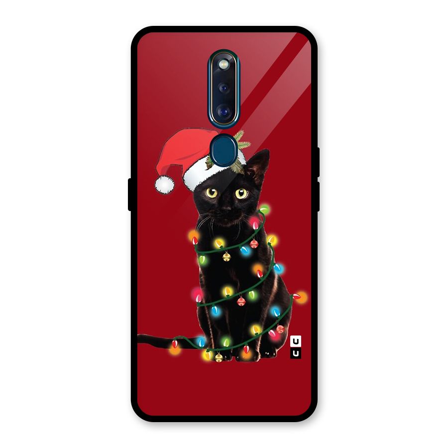 Christmas Cap Cute Cat Glass Back Case for Oppo F11 Pro